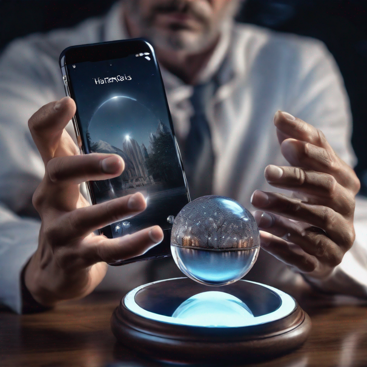 Une voyante tenant un téléphone près d'une boule de cristal