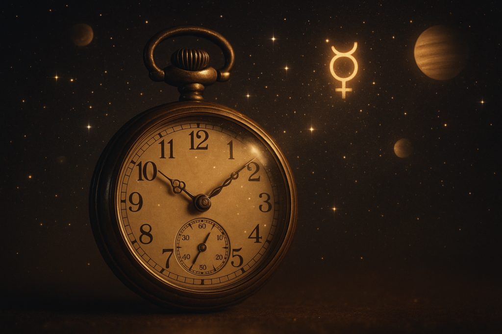 Symbole astrologique de Mercure retrograde dans un ciel etoile