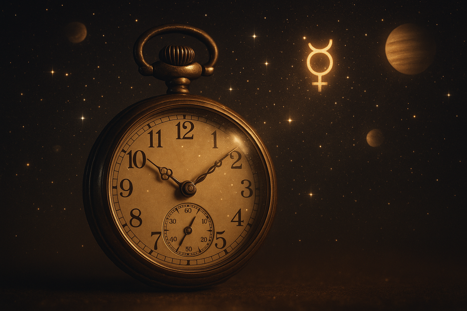 Symbole astrologique de Mercure retrograde dans un ciel etoile